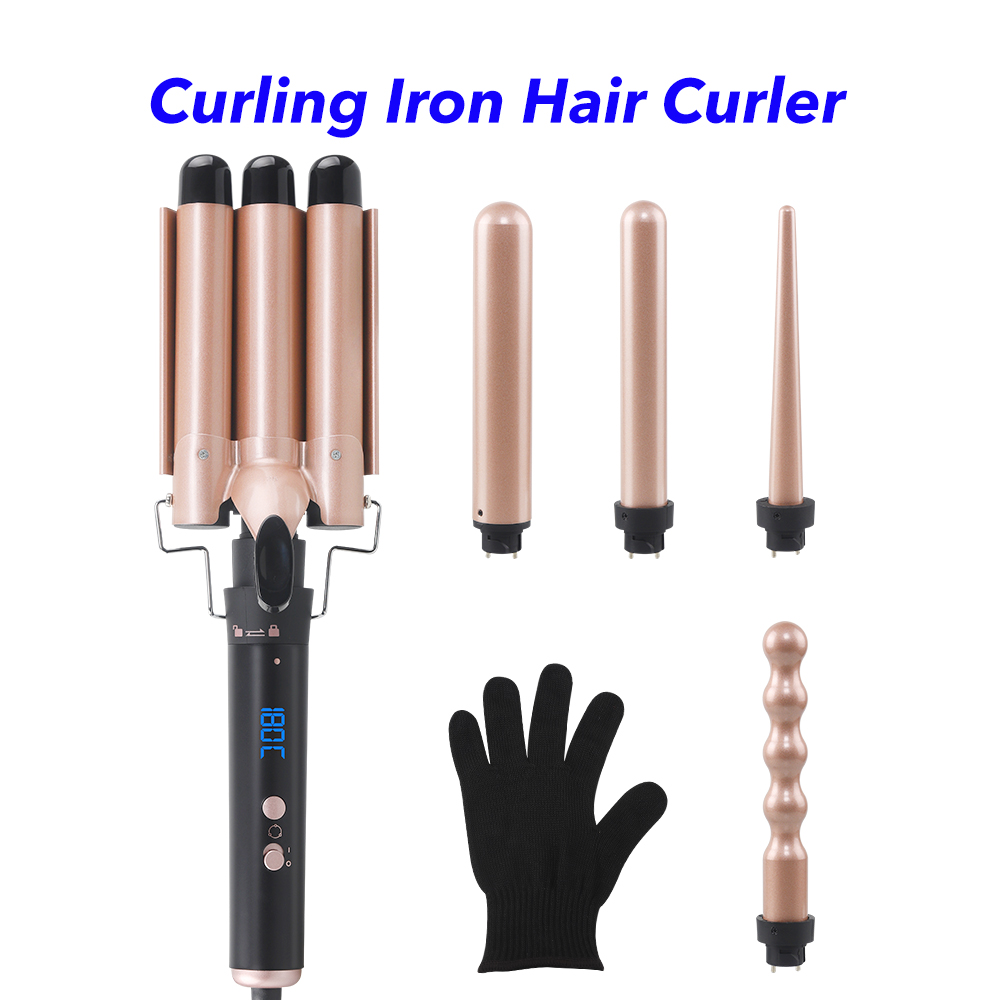 Curling Iron Set 5 In 1 Hair Curler Ceramic Interchangeable Triple Barrel Curling Wand Set (A)